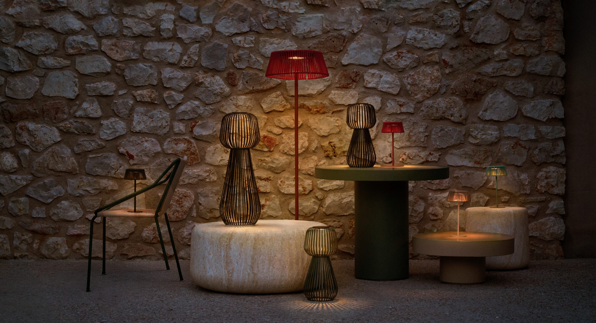 A collection of Kave Home's outdoor, solar-powered, portable lamps.