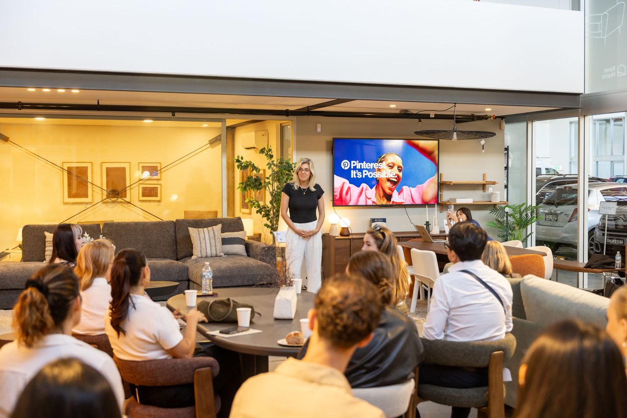 Kave Home design expert and a Pinterest representative presenting a workshop to a group of Sydney's interior designers.